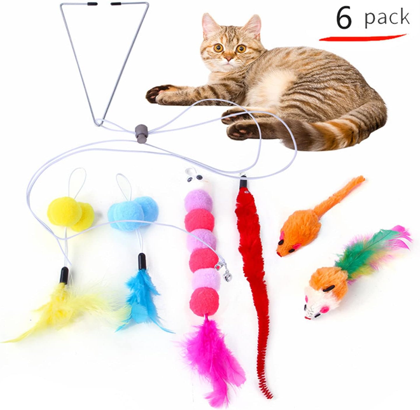 6 Pcs Hanging Door Cat Toys Kitten Teaser Feather, Kitten Toys, Retractable Cat - Image 2