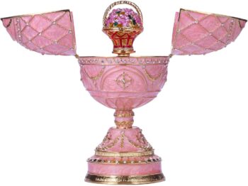 Faberge Style Egg Music Box Trinket Jewel Box with Basket of Flowers 17 cm pink