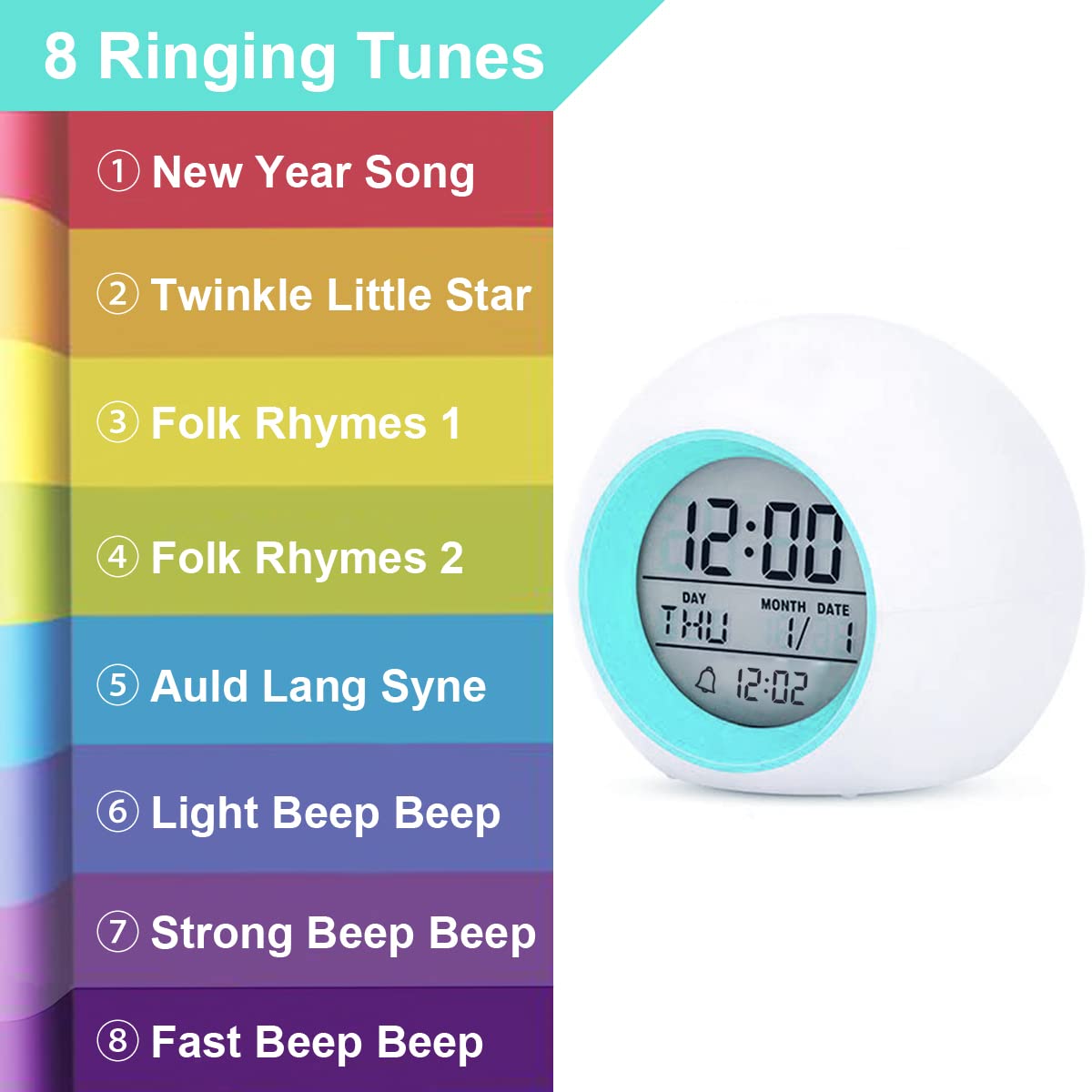 Kids Digital Alarm Clock, 7 Color Night Light, Snooze, Temperature Detect - Image 4