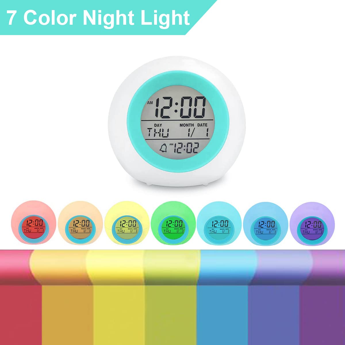 Kids Digital Alarm Clock, 7 Color Night Light, Snooze, Temperature Detect - Image 2