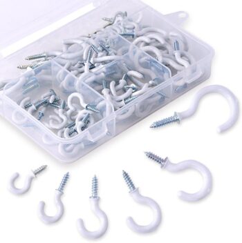 100Pcs White 6 Sizes Cup Hooks Assortment Kit, Vinyl Coated Ceiling Cup Hooks