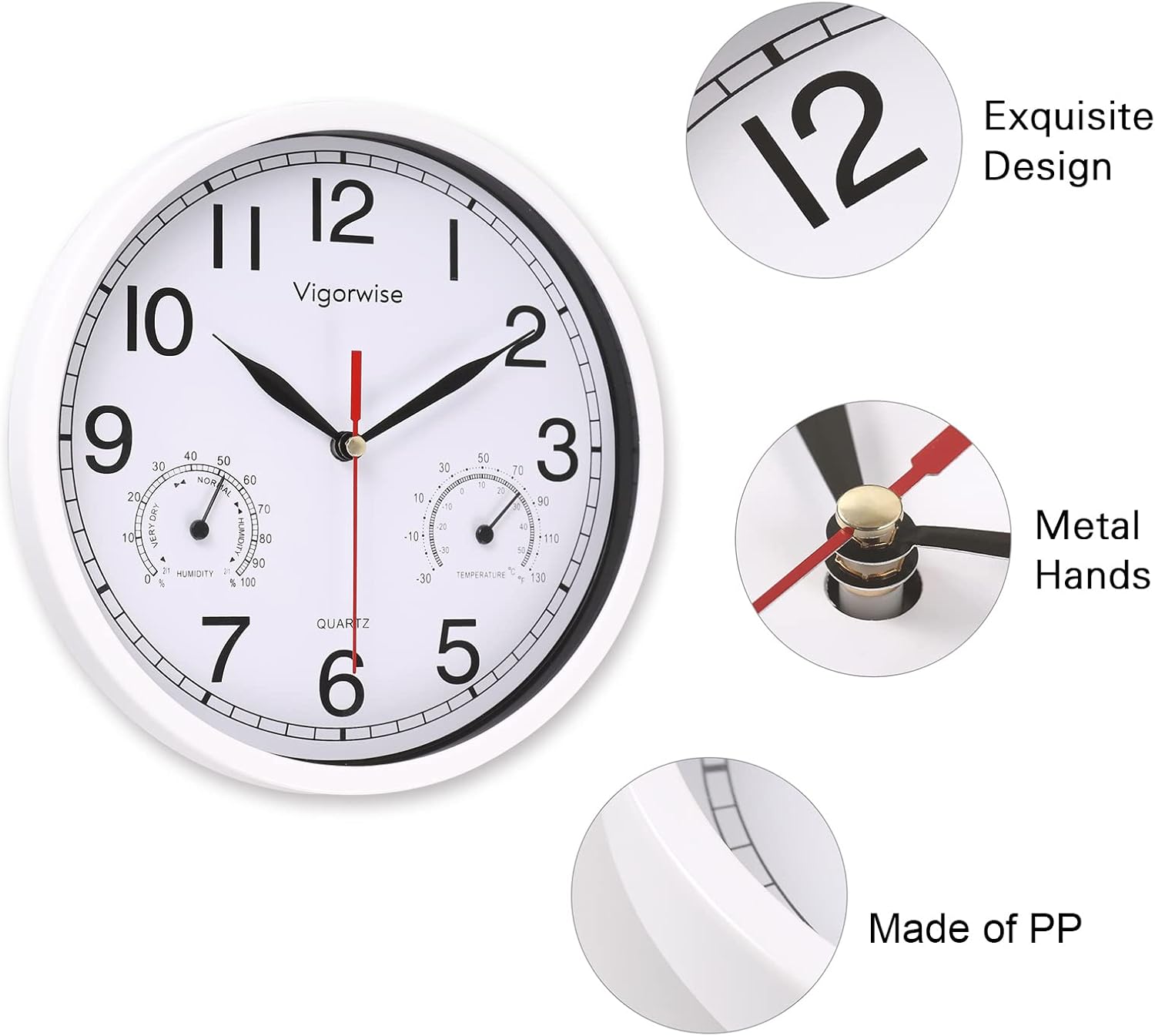 8 Inch White Wall Clock, Sweep Silent Movement Accurate Clocks with Temperature - Image 3