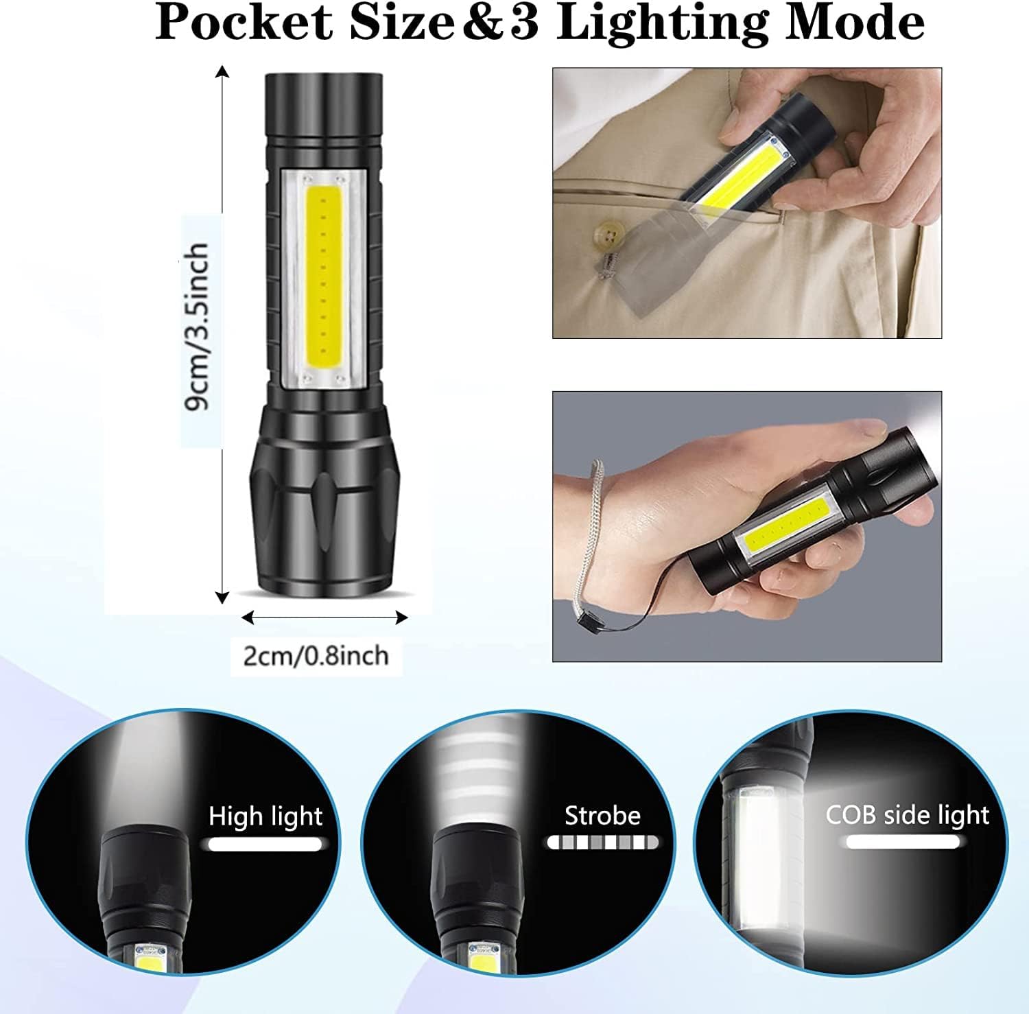 2 Pack Rechargeable Small Torch, 500LM Zoomable Mini LED Flashlight with COB - Image 2