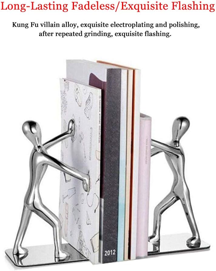 Heavy Duty Bookends, 2 Pack Stainless Steel Kung Fu Man Book End, Creative Metal - Image 6