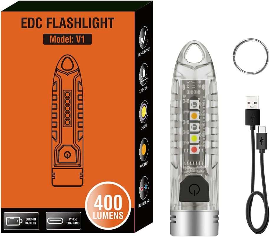 Small Keychain Flashlight with Red UV Blue Light - 400LM Rechargeable Mini