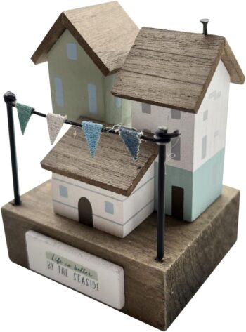 "Oh I Do Like to Be Beside the Seaside" Beach Hut Sculpture on Square Base, 5.5