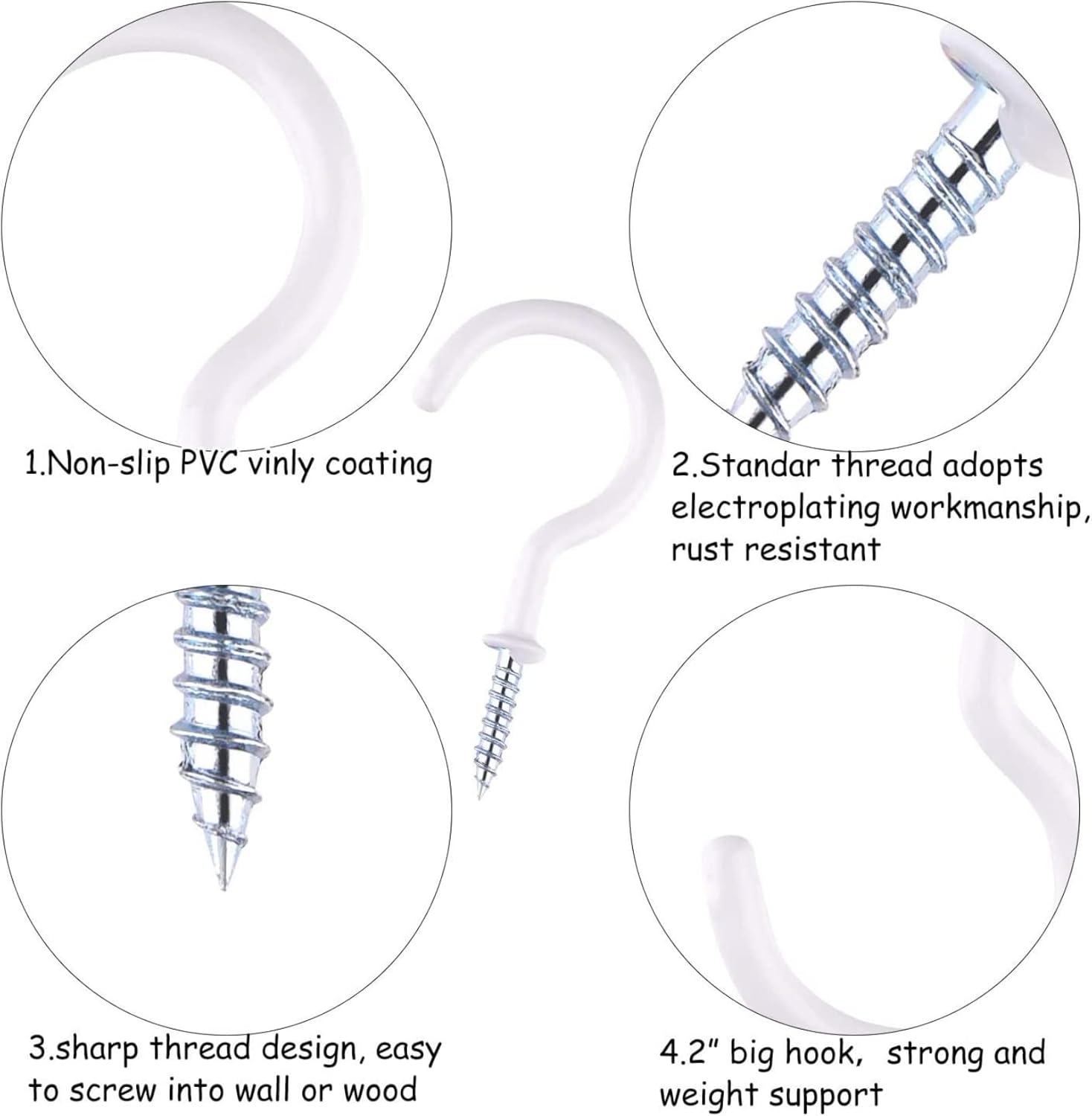 20 Pack 2.9 Inch Heavy Duty Ceiling Hooks, Vinyl-Coated Screw-in Wall Hooks - Image 3