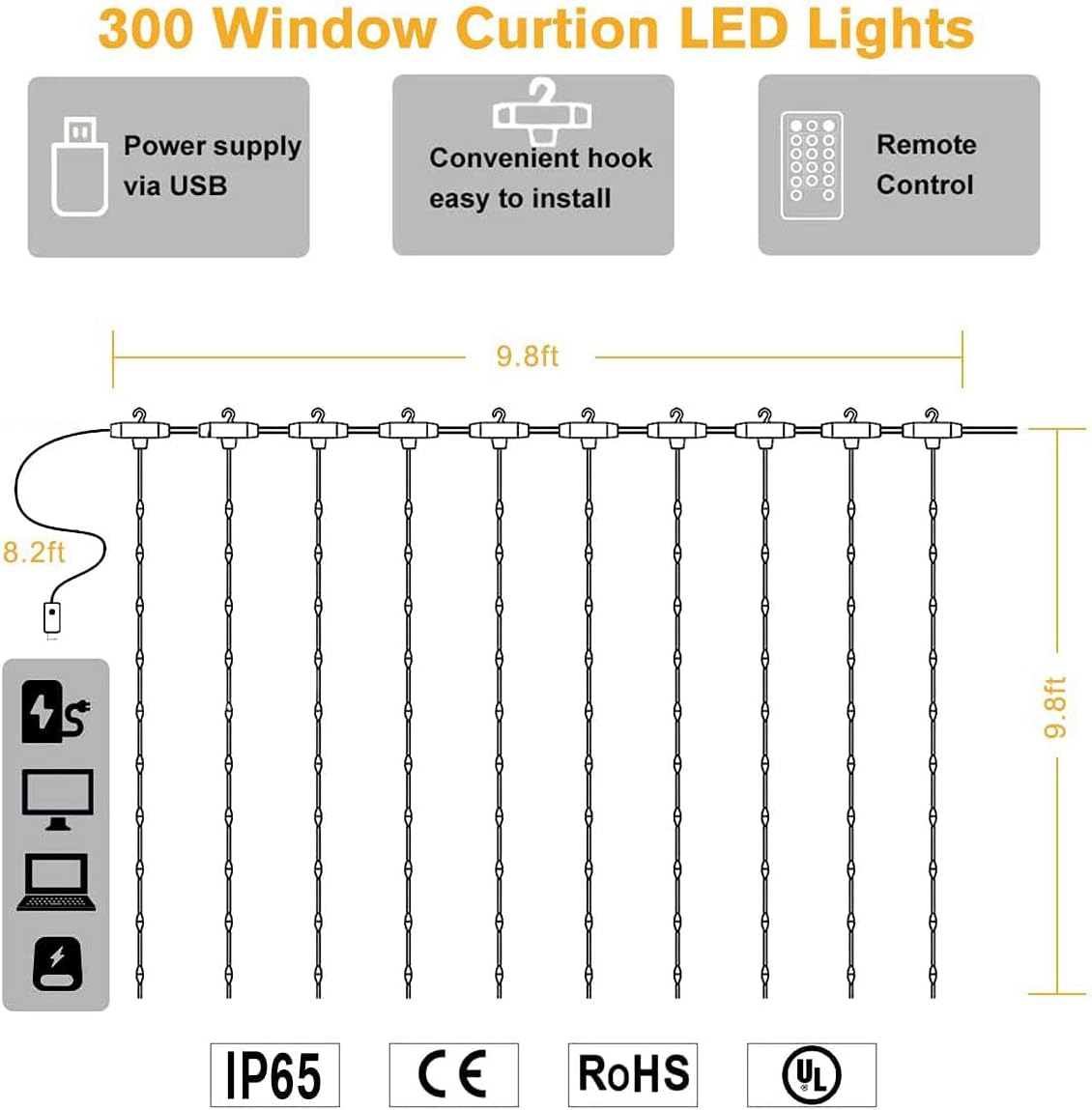 Curtain Lights, Fairy Lights for Bedroom,300 LED Lights W/ 8 Mode USB Powered - Image 6