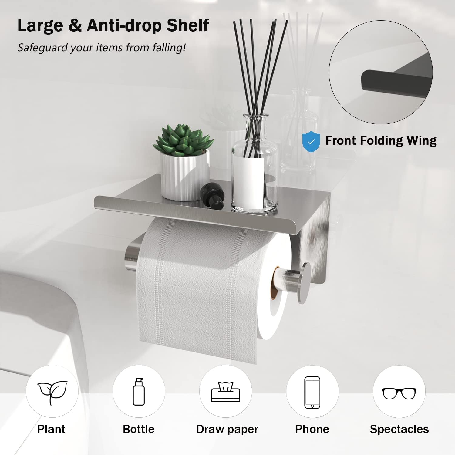 S Brushed-Nickel Toilet Paper Holder with Shelf - Wall-Mount Or Self Adhesive - Image 3