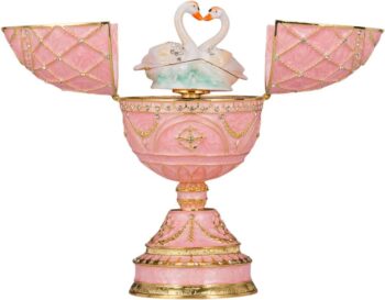 Faberge Style Egg/Music Box/Trinket Jewel Box with Two Swans 17 cm pink