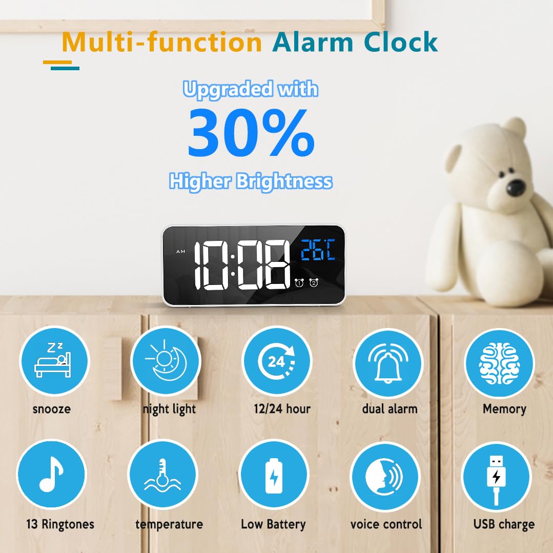 Digital Alarm Clock with Large Led Temperature Display, Portable Alarm Clock - Image 6