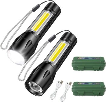 2 Pack Rechargeable Small Torch, 500LM Zoomable Mini LED Flashlight with COB