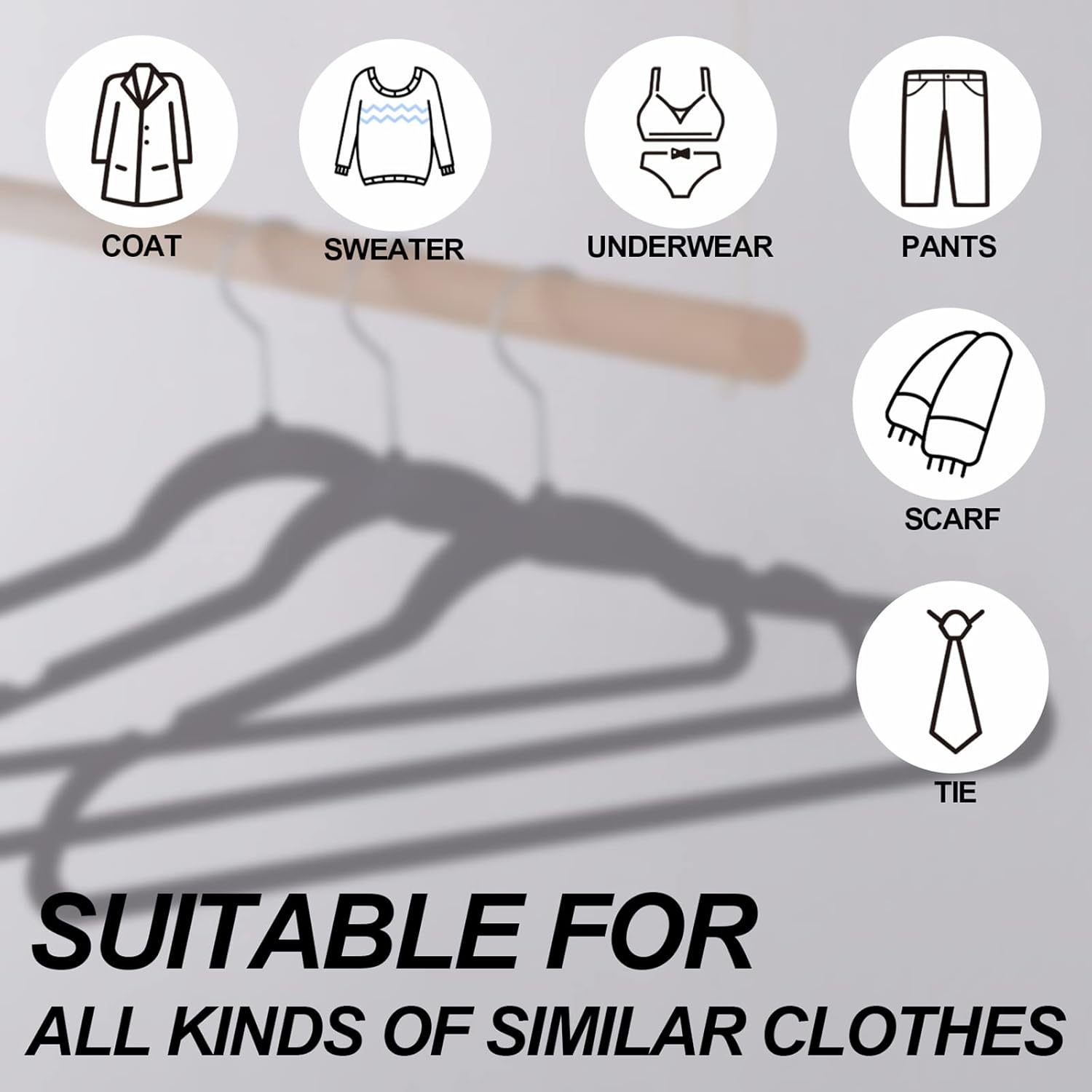 Coat Hangers Velvet 100-Pack Black with Silver Hooks, Non-Slip Hanger - Image 6