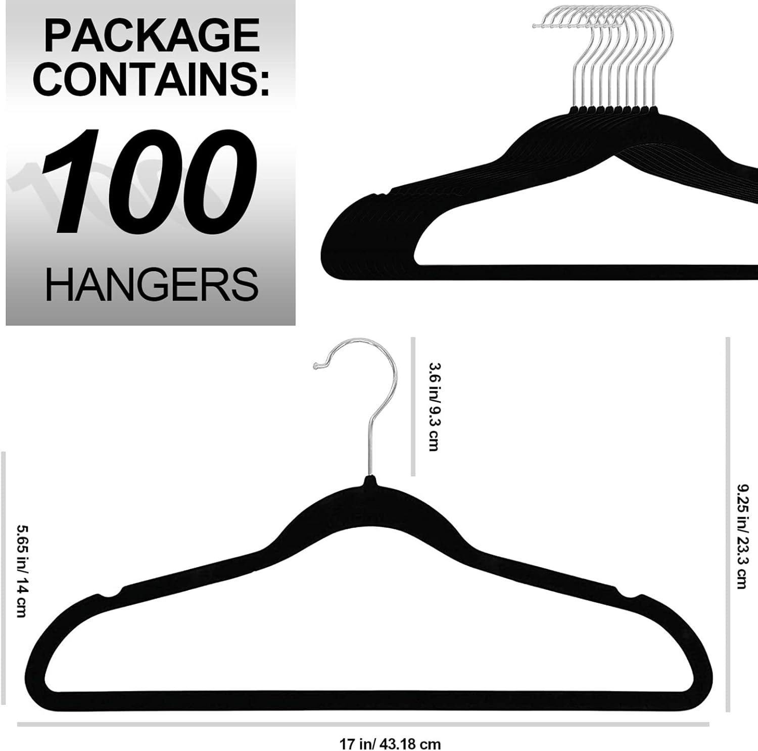 Coat Hangers Velvet 100-Pack Black with Silver Hooks, Non-Slip Hanger - Image 3