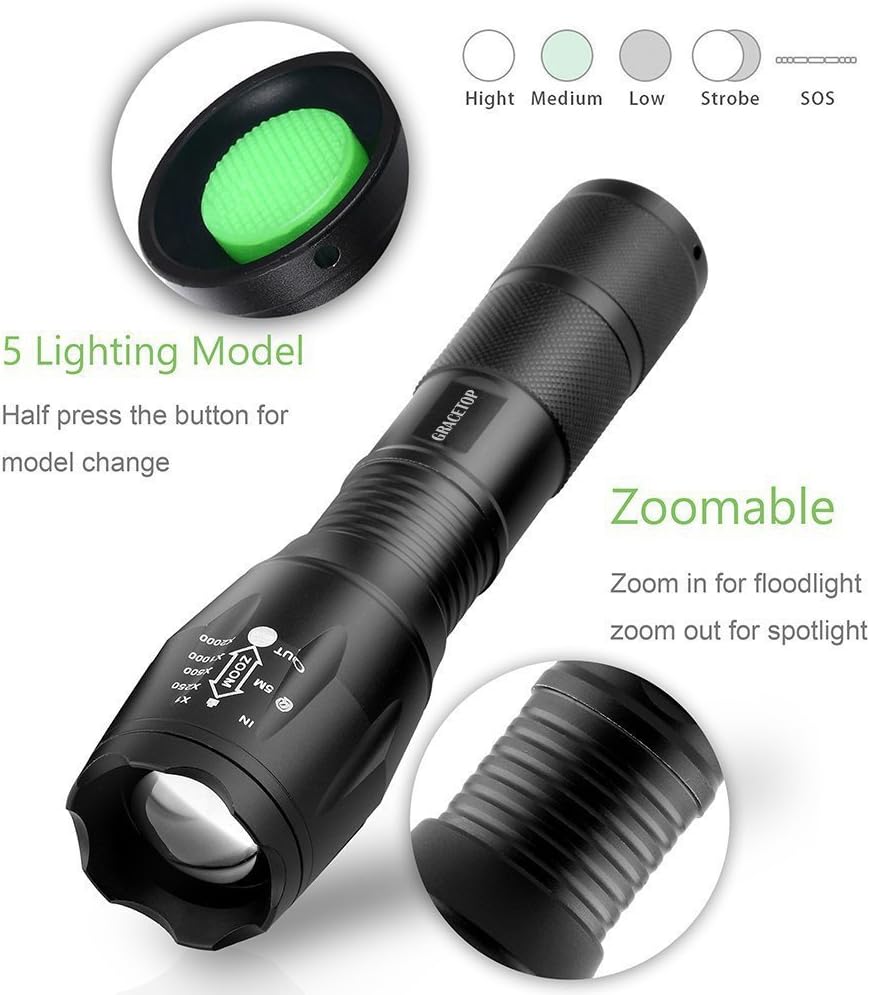 LED Tactical Flashlight T6 Adjustable Light Lamp with 5 Modes, Water Resistant - Image 3