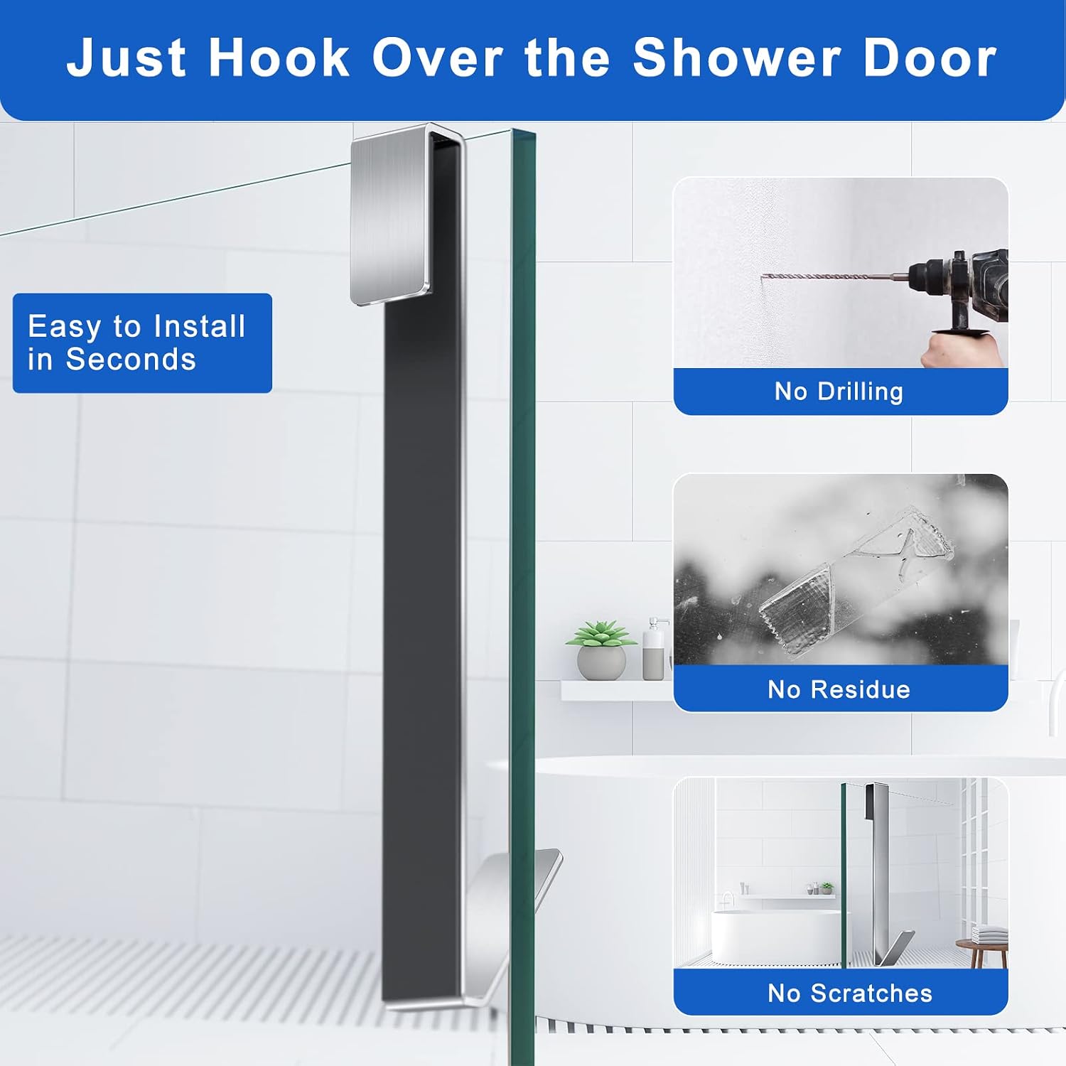 Shower Door Hooks 10 in, Shower Hooks for Towels, Heavy Duty Drilling-Free - Image 2