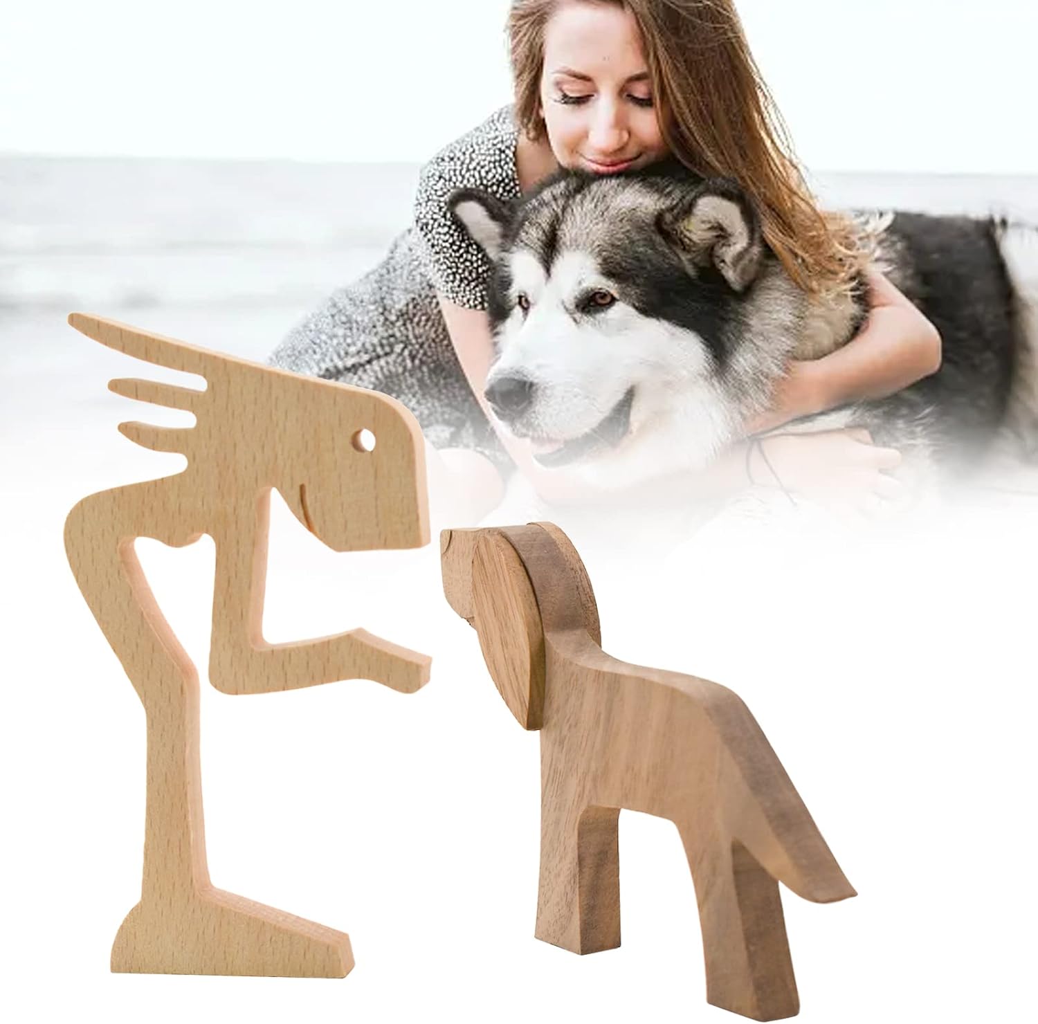 Wooden Dog Figurines Hand Carved Wood Dog Human Sculpture Statue Handmade - Image 4