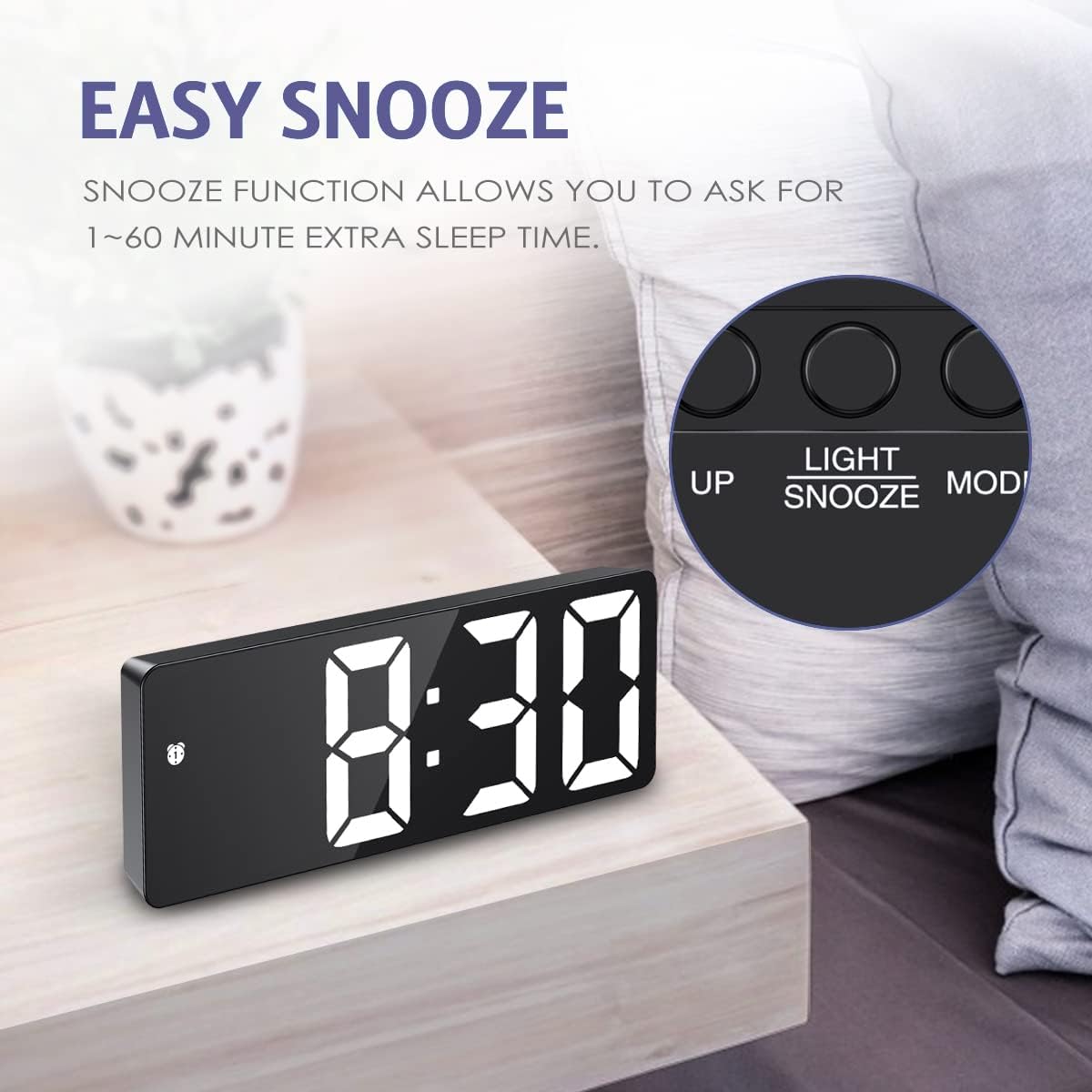 Digital Alarm Clock, Bedside Alarm Clock with Large LED Display, Non Ticking - Image 4