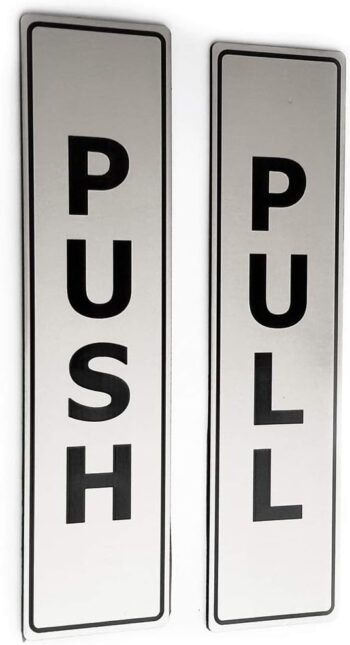 Silver Push Pull Set Pair of Door Signs for Businesses, Restaurants, Bars