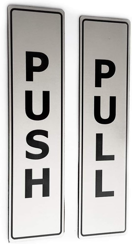 Silver Push Pull Set Pair of Door Signs for Businesses, Restaurants, Bars