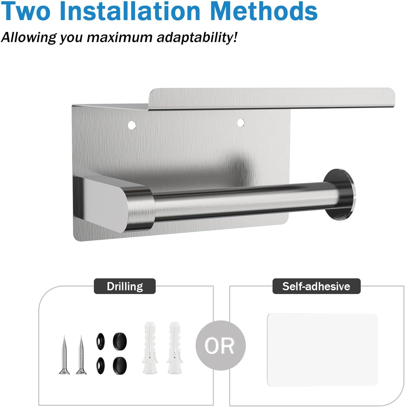 S Brushed-Nickel Toilet Paper Holder with Shelf - Wall-Mount Or Self Adhesive - Image 2