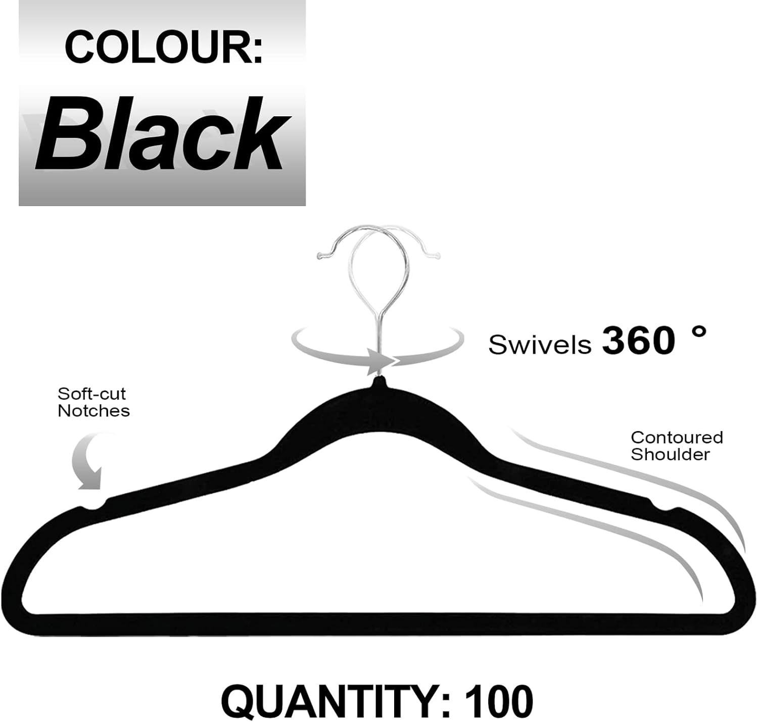 Coat Hangers Velvet 100-Pack Black with Silver Hooks, Non-Slip Hanger - Image 4