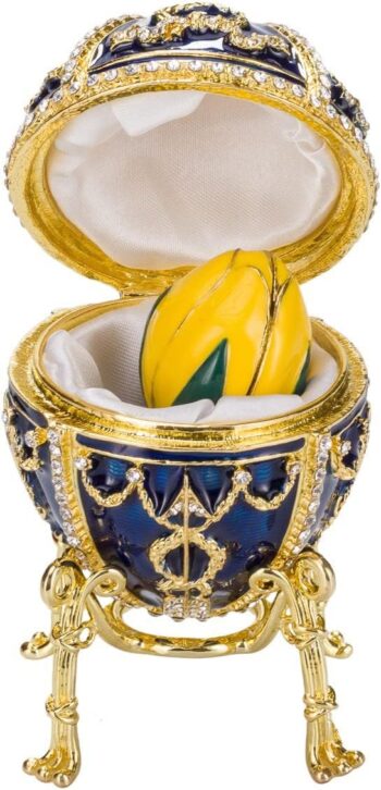 Faberge Style Rosebud Egg/Trinket Jewel Box with Flower & pendant 9,5 cm blue