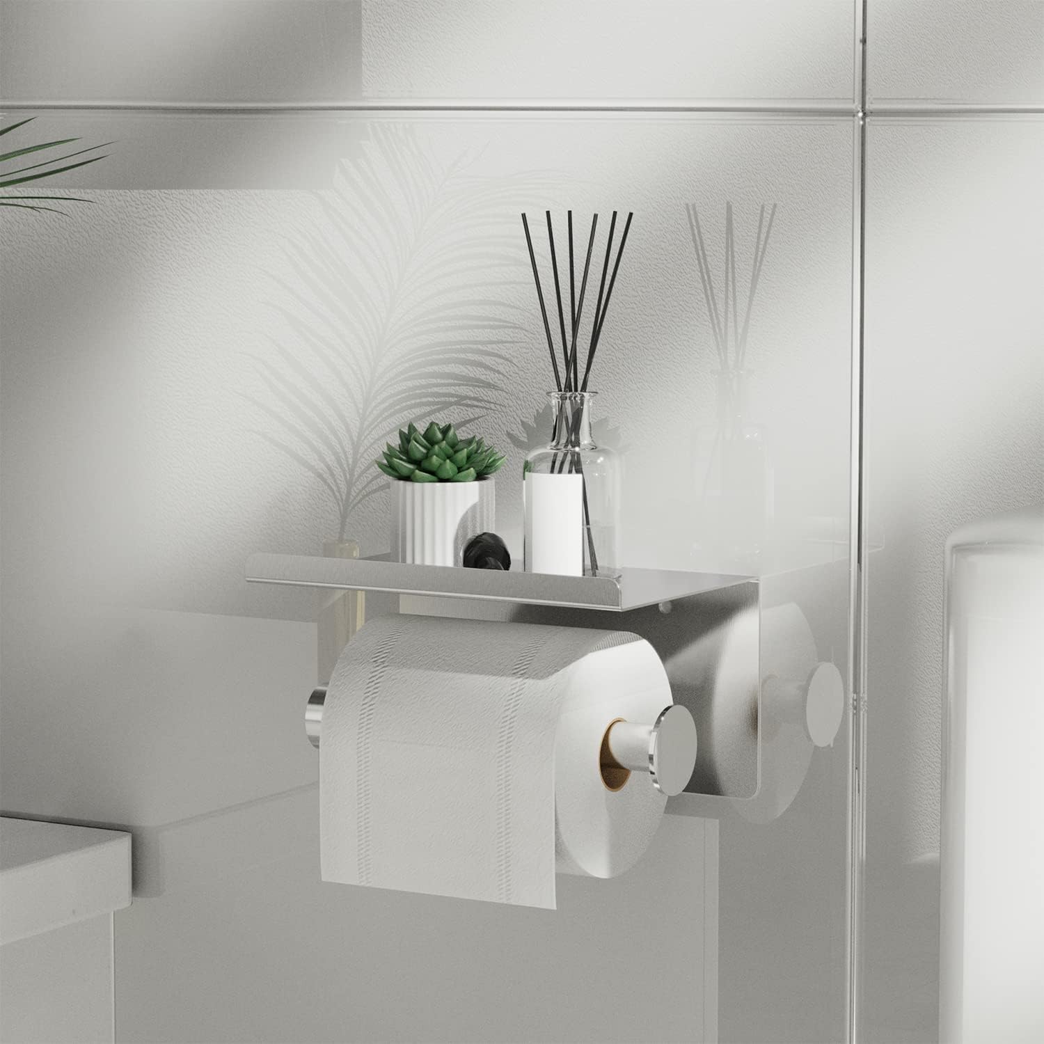 S Brushed-Nickel Toilet Paper Holder with Shelf - Wall-Mount Or Self Adhesive - Image 7