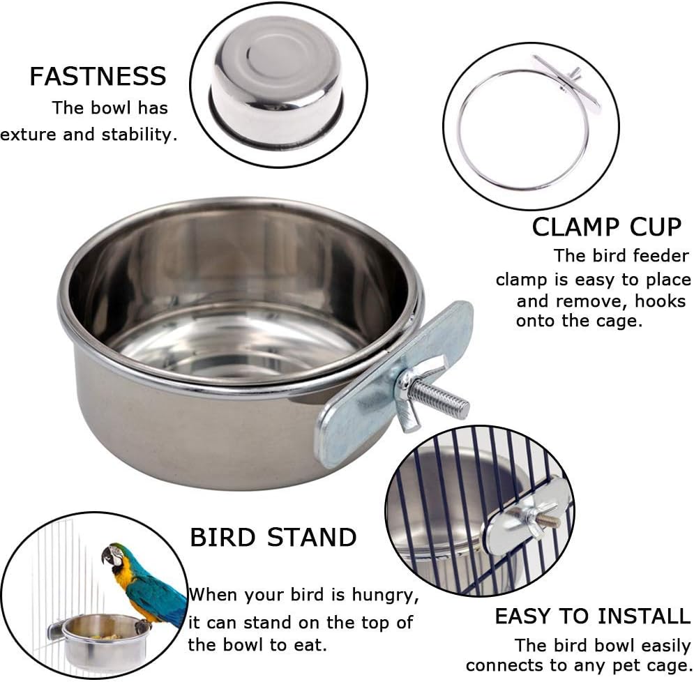 2 Pack Bird Feeding Dish Cups, Parrot Food Bowl Clamp Holder - Stainless Steel - Image 3