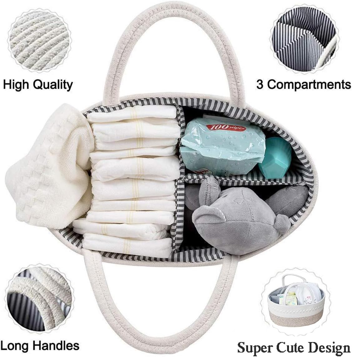 Baby Nappy Caddy, Nappy Organiser, Nursery Bohemian cotton rope storage basket - Image 4