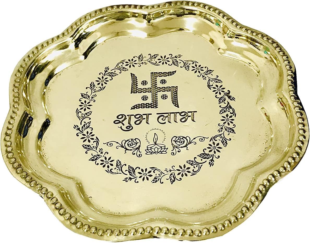 Brass Pooja thali Set Swastik shubh labh (Bell, Jyot, Vati, Aggarbatti Stand) - Image 4