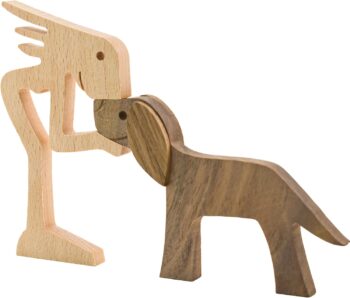 Wooden Dog Figurines Hand Carved Wood Dog Human Sculpture Statue Handmade