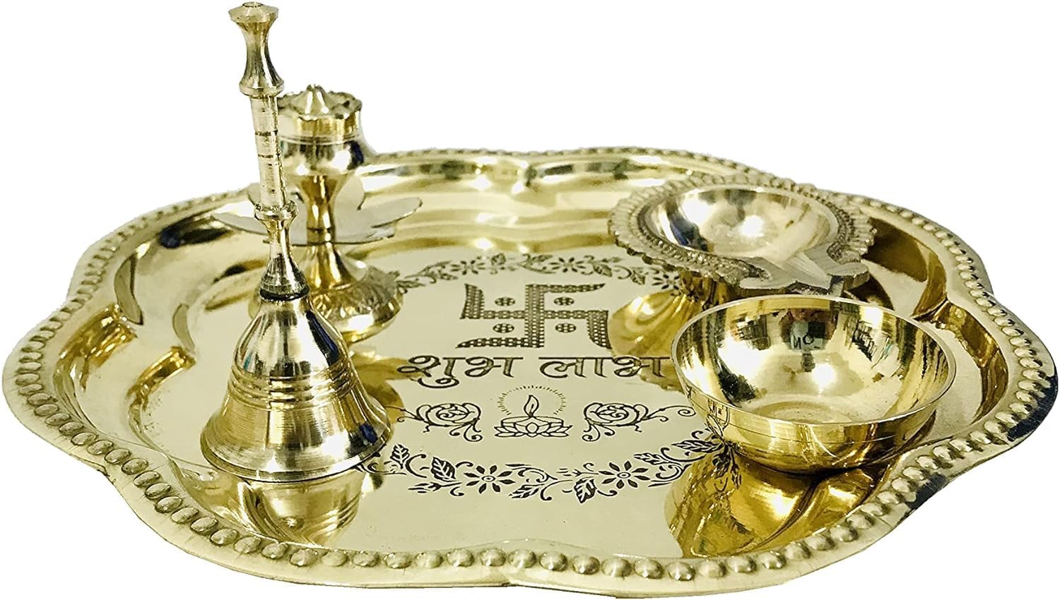Brass Pooja thali Set Swastik shubh labh (Bell, Jyot, Vati, Aggarbatti Stand) - Image 2