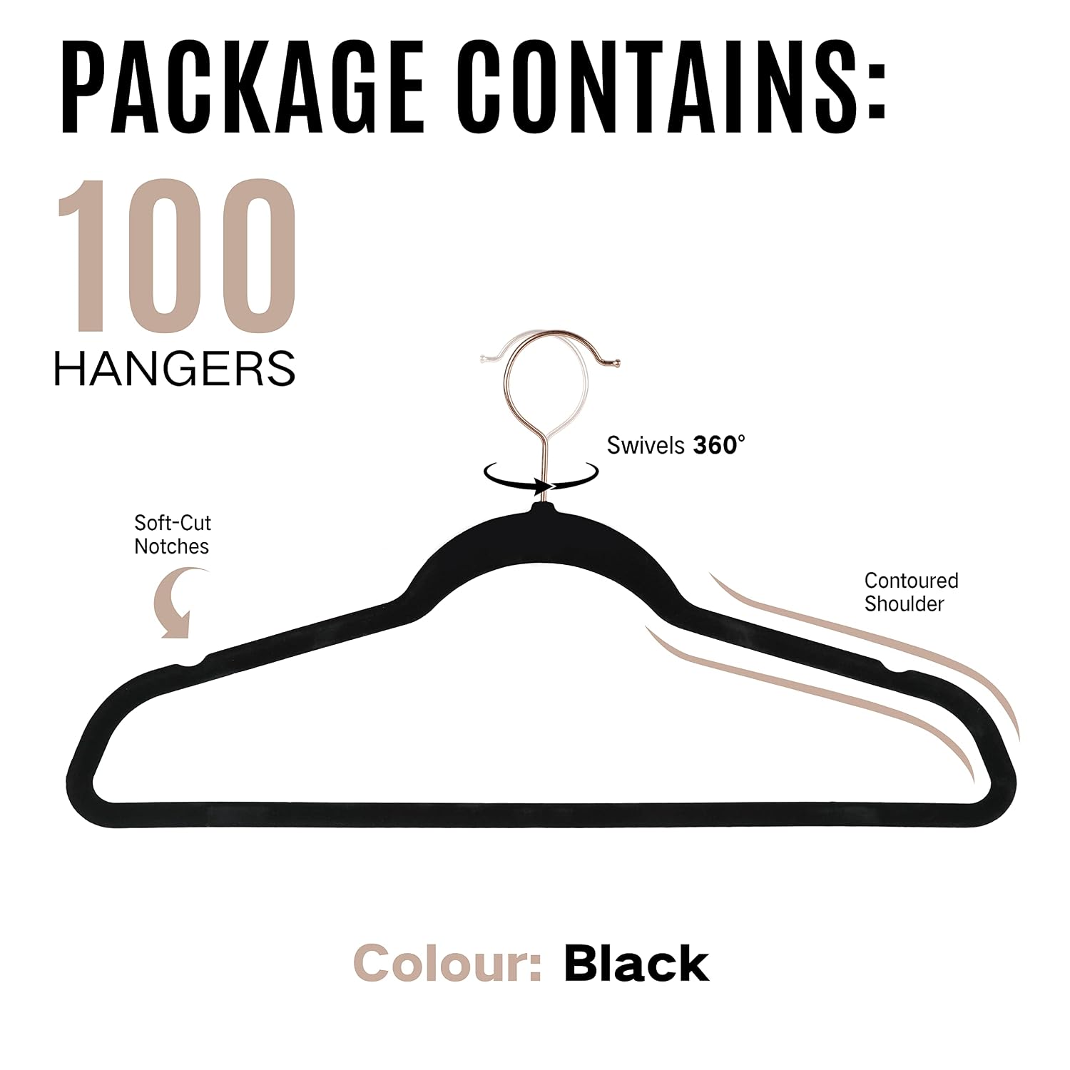 Coat Hangers Velvet 100-Pack Black with Golden Hooks, Non-Slip Hanger - Image 2