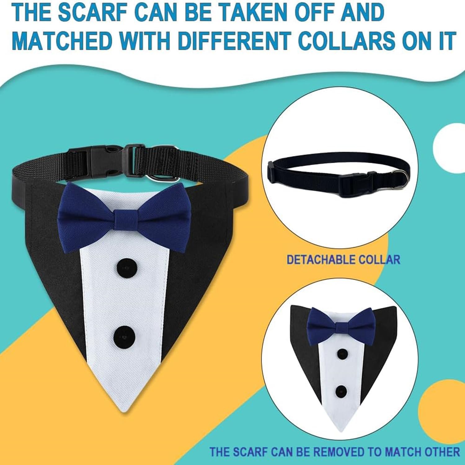 Dog Tuxedo,Formal Wedding Dog Bandana Adjustable Collar with Bowtie,Detachable - Image 3