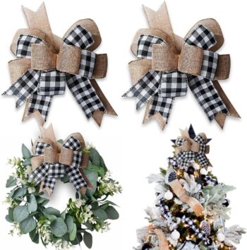 Buffalo Plaid Burlap Bows for Wreath 2 Pack, 12”x9.4” Large Rustic