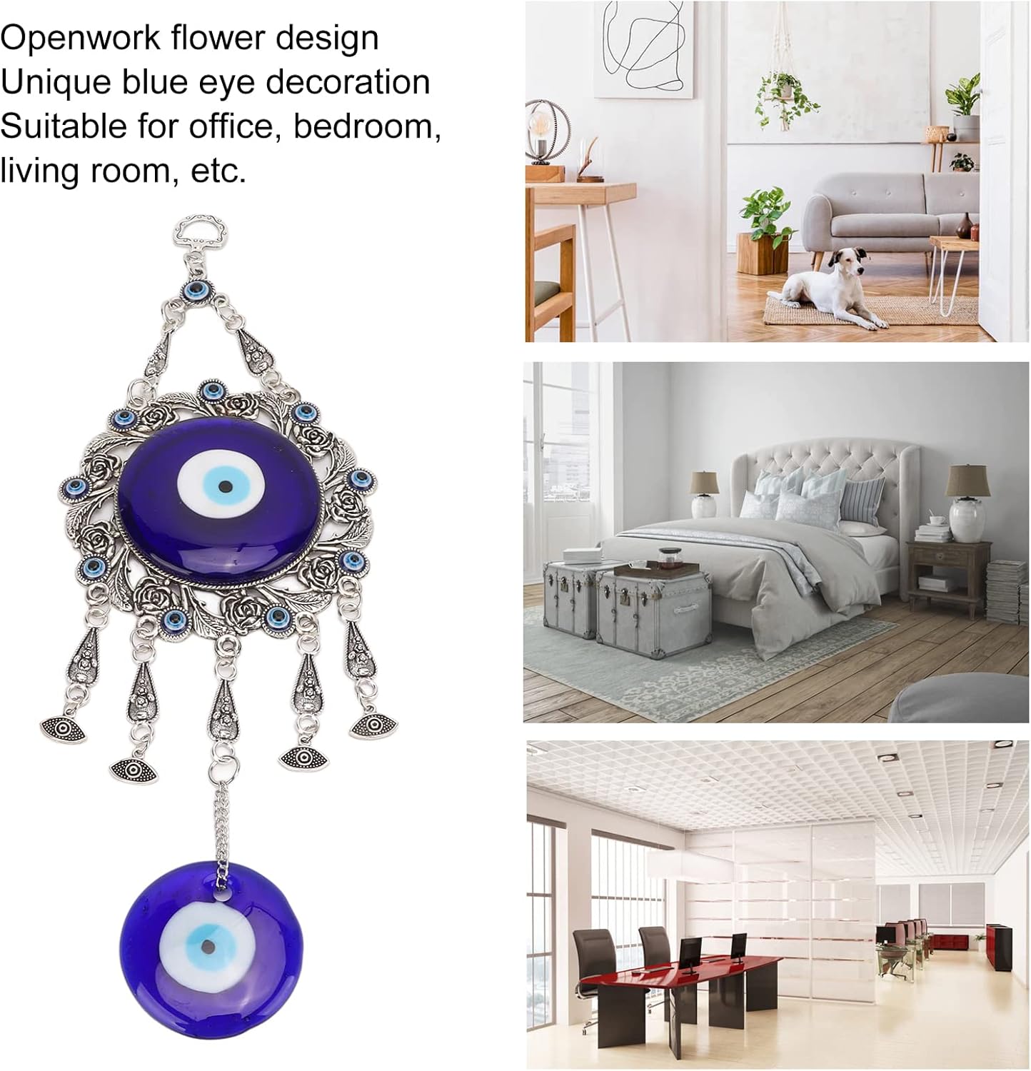 Turkish Glass Blue Evil Eye Wall Hanging Ornament, Hollow Flowers Wall Hanging - Image 4