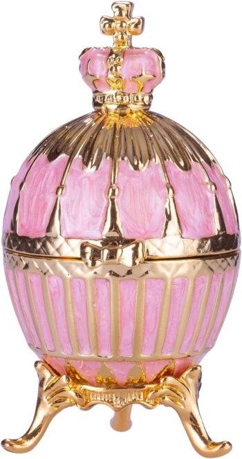 Faberge style Ribbed Egg Trinket Jewel Box with Emperor's Crown 6,5 cm pink