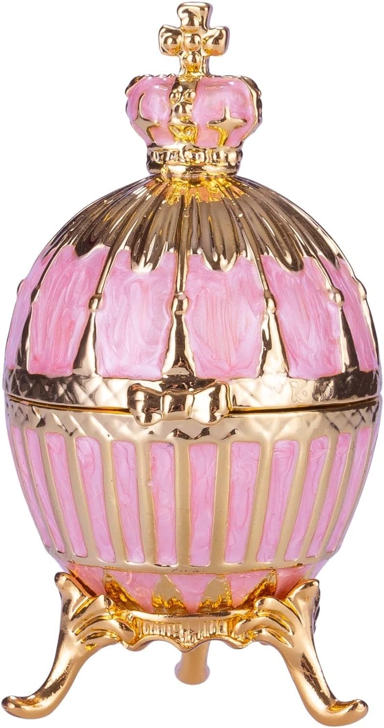 Faberge style Ribbed Egg Trinket Jewel Box with Emperor's Crown 6,5 cm pink