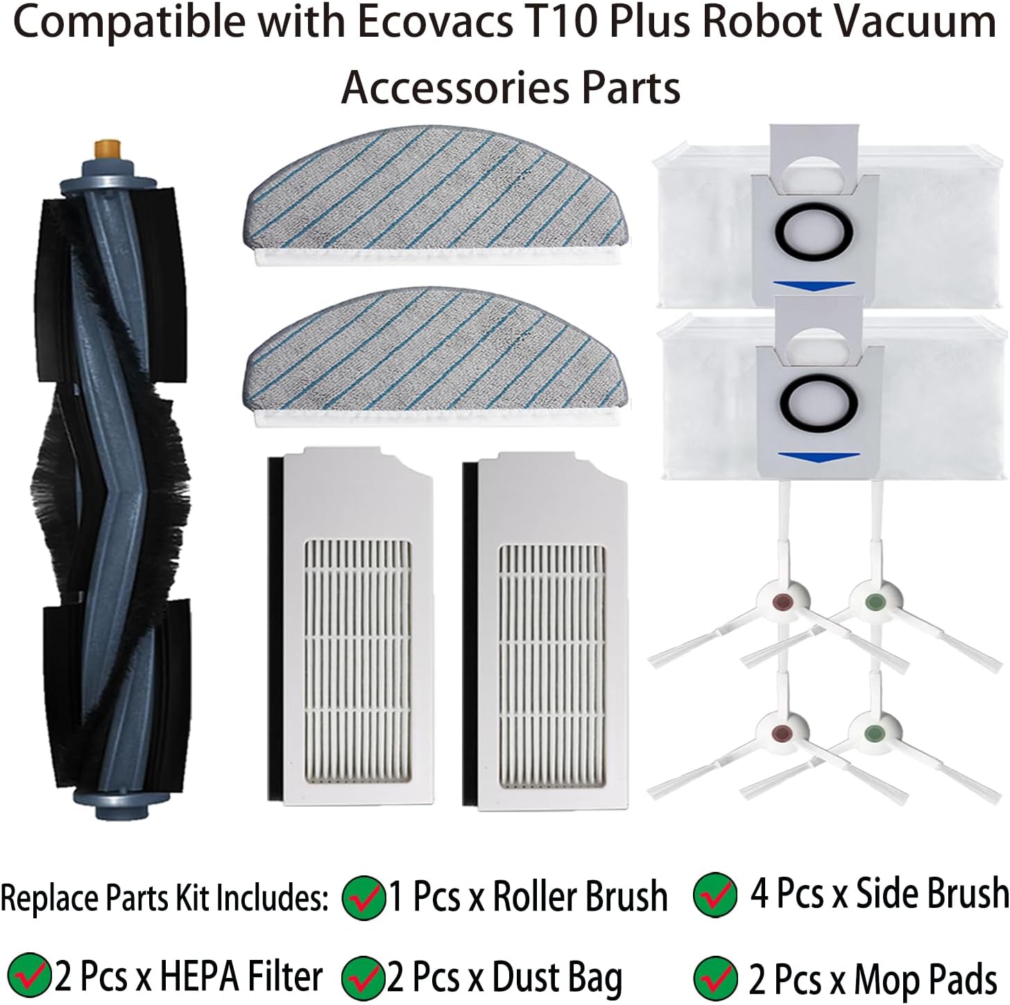 Replacement Parts for Ecovacs DEEBOT T10 Plus Robot Vacuum 1 Main Brush 4 Side - Image 2