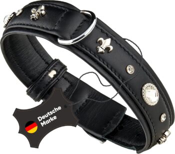 Leather Dog Collar Black Leather with Lilies Rhinestones Large Crystal