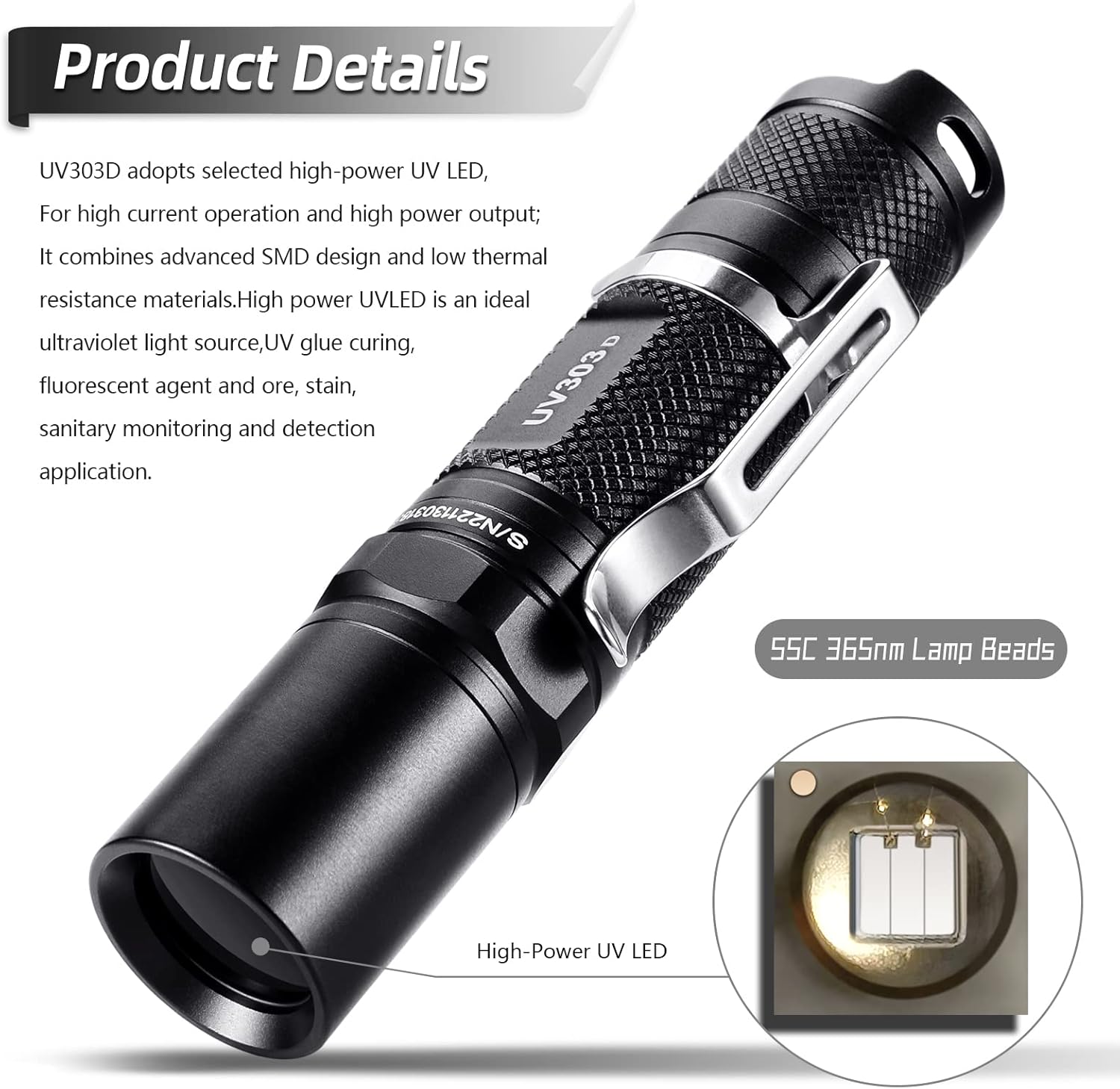 Blacklight 365nm UV Flashlight with High Power output, Pure Beam for UV Glue - Image 3