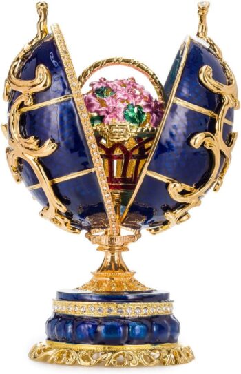 Faberge Style Spring Flowers Egg/Music Box with Basket of Flowers 16,5 cm Blue