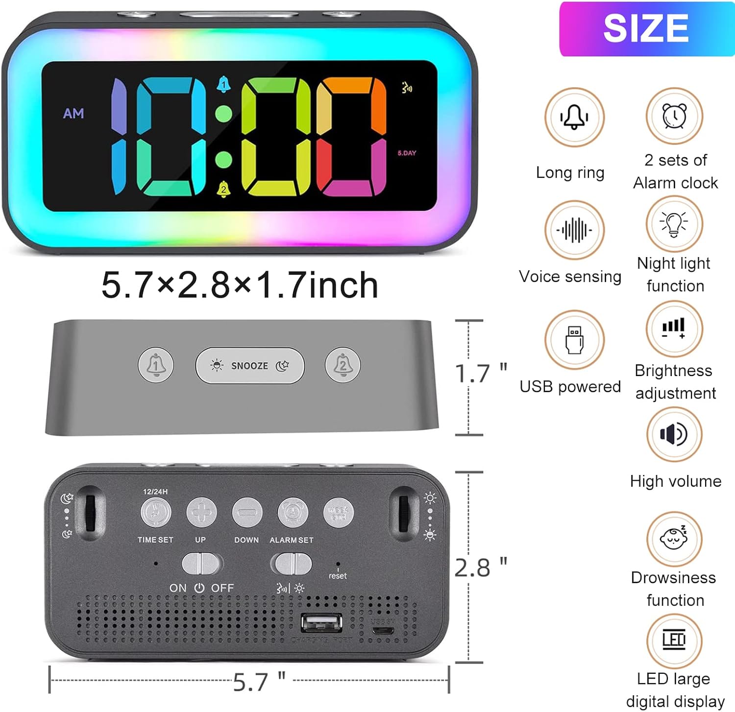 Super Loud Digital Alarm Clock, Dynamic RGB Smart Night Light, Adjustable Dimmer - Image 6