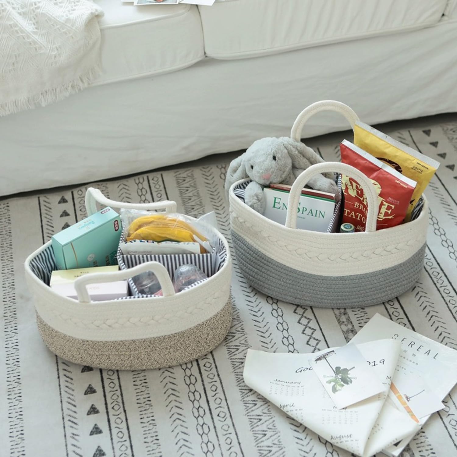 Baby Nappy Caddy, Nappy Organiser, Nursery Bohemian cotton rope storage basket - Image 3