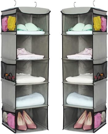 2-Pack 5 Shelf Hanging Closet Organizer Space Saver, Foldable Roomy Breathable