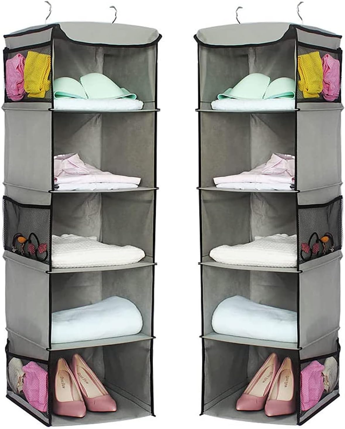 2-Pack 5 Shelf Hanging Closet Organizer Space Saver, Foldable Roomy Breathable