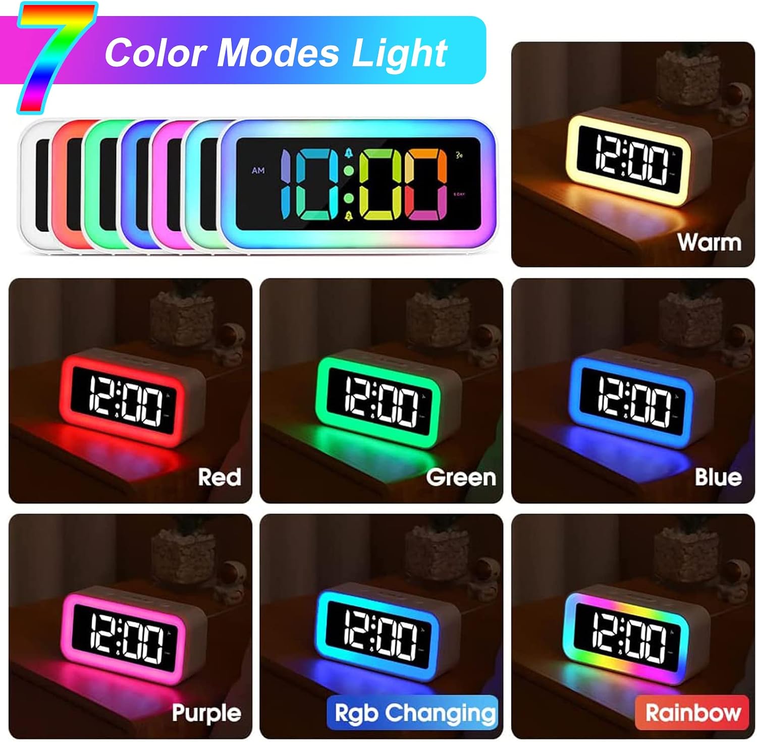 Super Loud Digital Alarm Clock, Dynamic RGB Smart Night Light, Adjustable Dimmer - Image 7