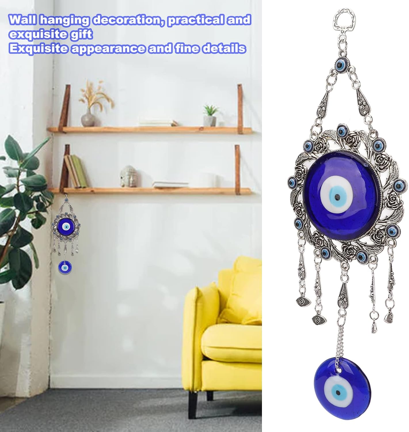 Turkish Glass Blue Evil Eye Wall Hanging Ornament, Hollow Flowers Wall Hanging - Image 3