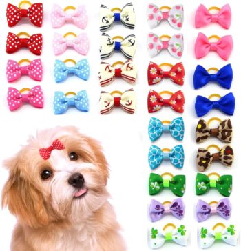 40 Pcs Dog Bows, Cute Puppy Hair Bows with Rubber Bands, Multi-Colored Handmade